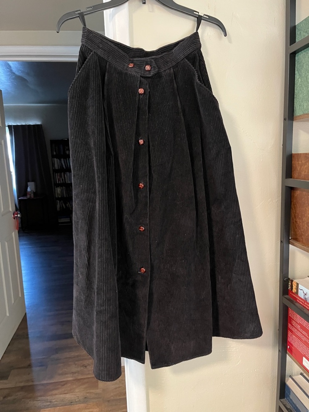 Button-Front Black Corduroy A-Line Midi Skirt